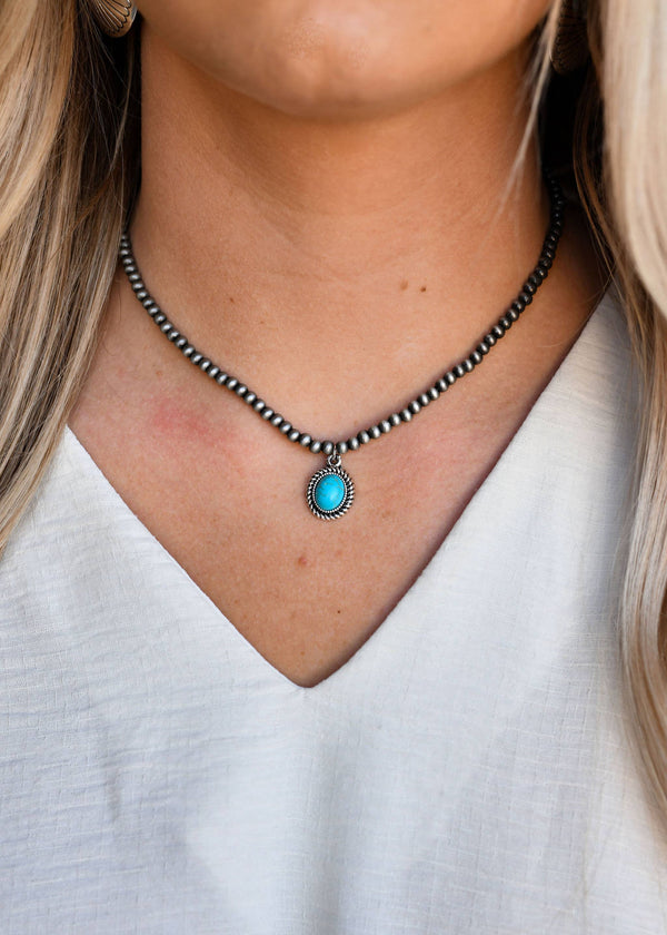 Dainty Faux Navajo Pearl Necklace With Oval Turquoise Pendant