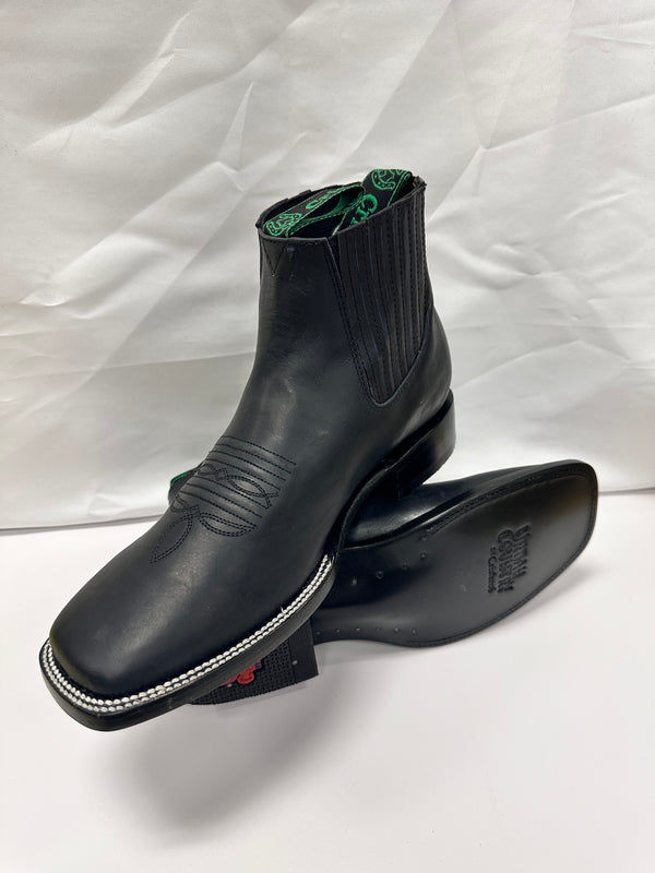 Square Toe Botin-Black Acabado Negro with White Stitch