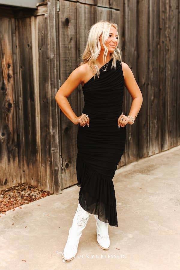 Black One Shoulder Wrapped Ruffle Tier Dress