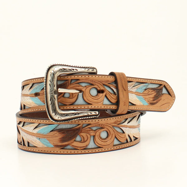 Nocona Mens Belt Tooled Feather Filigree Brown