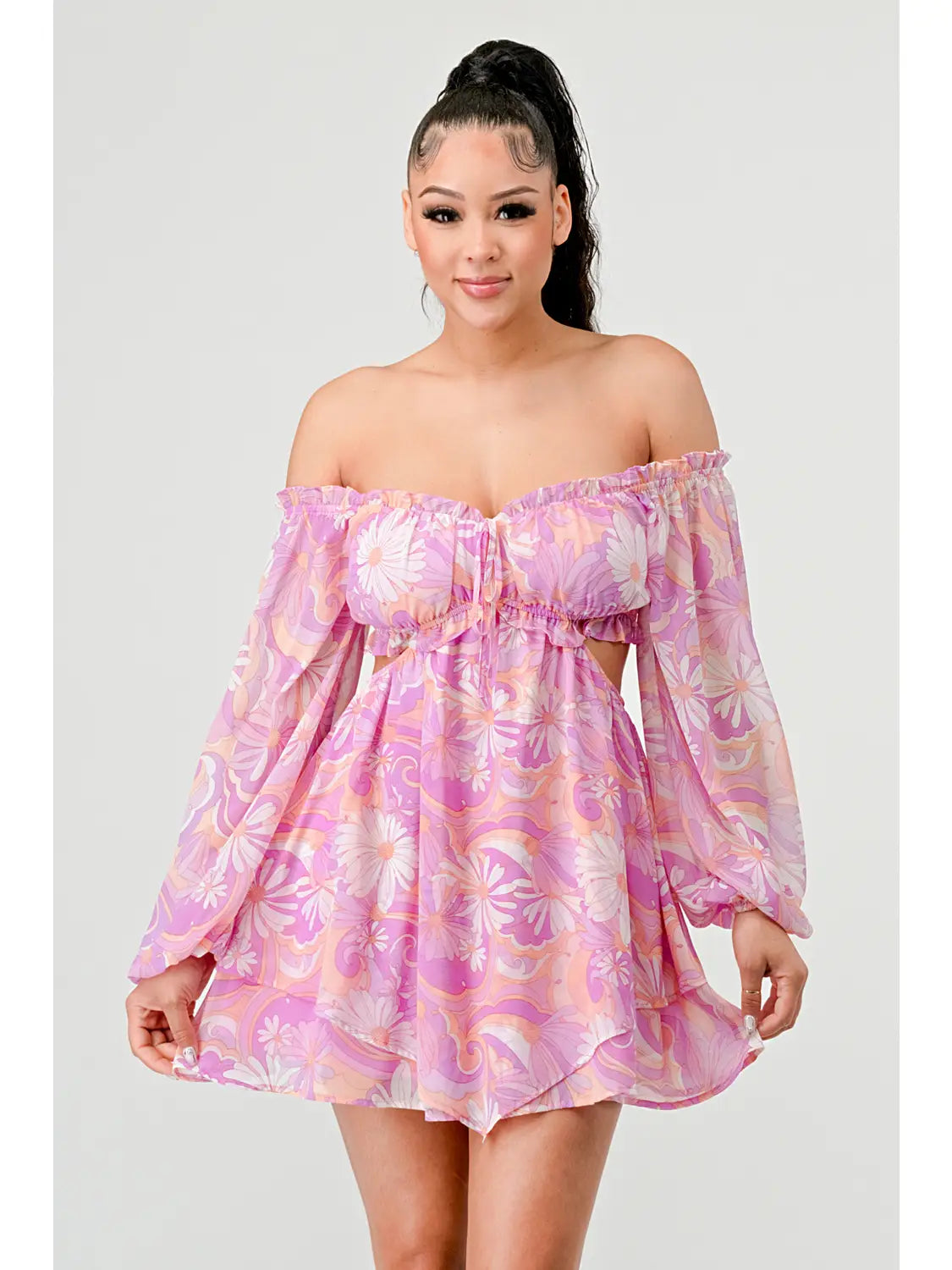 Floral Pebble Chiffon Print Ruffle Mini Dress - Pink Broken horn Floral Pebble Chiffon Print Ruffle Mini Dress - Pink Broken horn