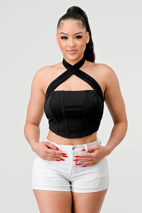 Luxe Nylon Ponte Halter Neck Back Tie Contrast Crop Top