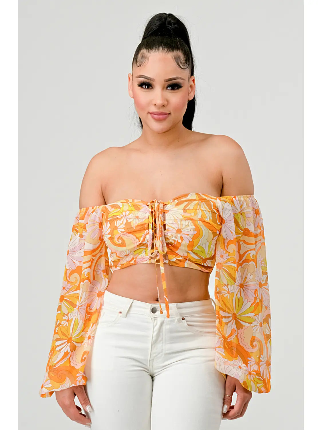 Floral Marble Print Smocked Off Shoulder Crop Top - Yellow