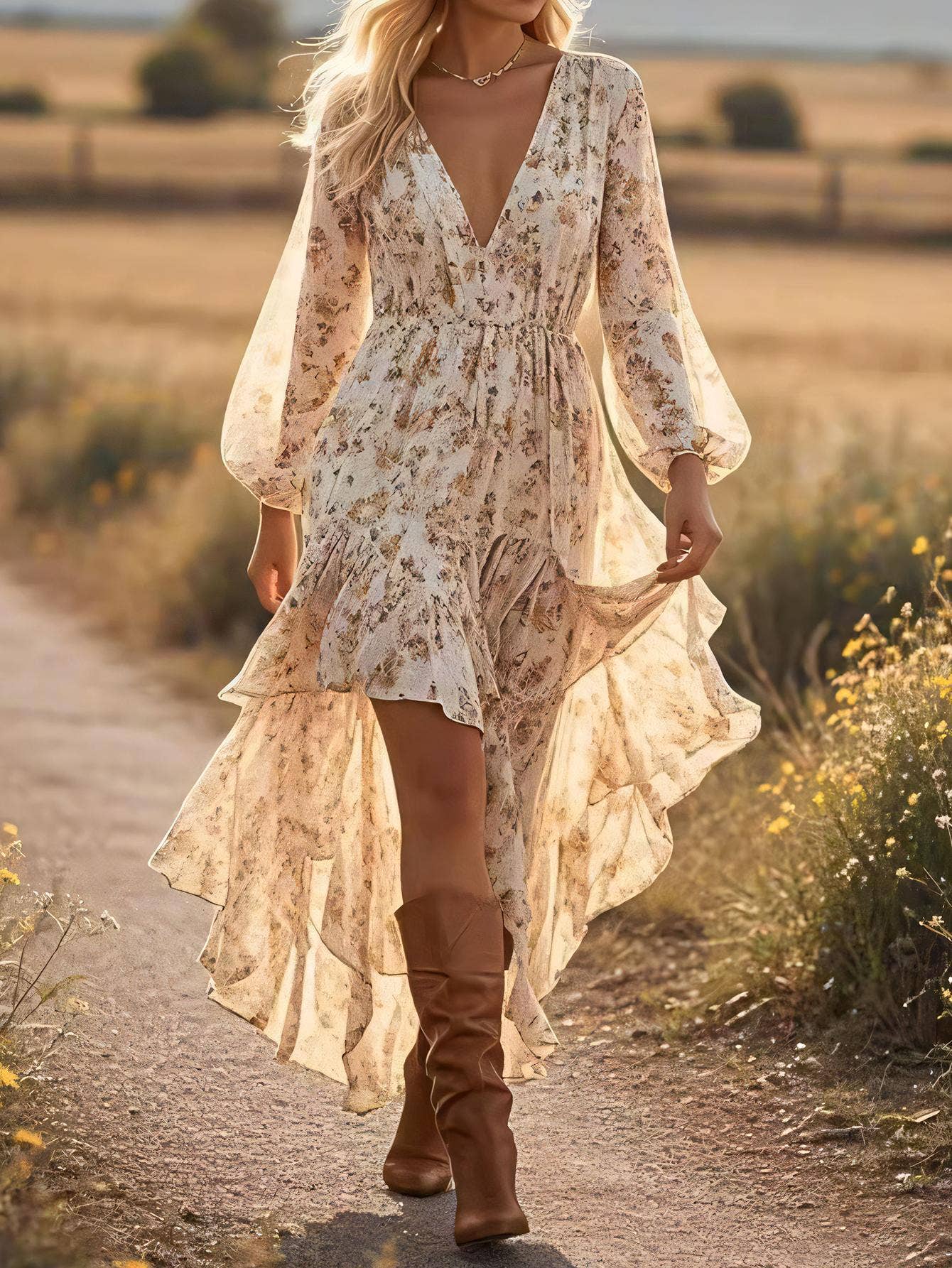 V-Neck Floral Printed Bohemian Layered Dress Apricot