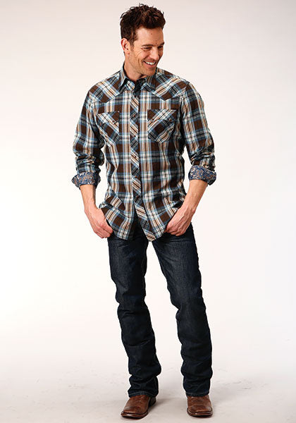 Roper Men's Performance Plaid Snap - Brown
