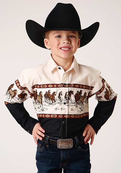 Roper Boys Snap Running Horse Border Print Brown