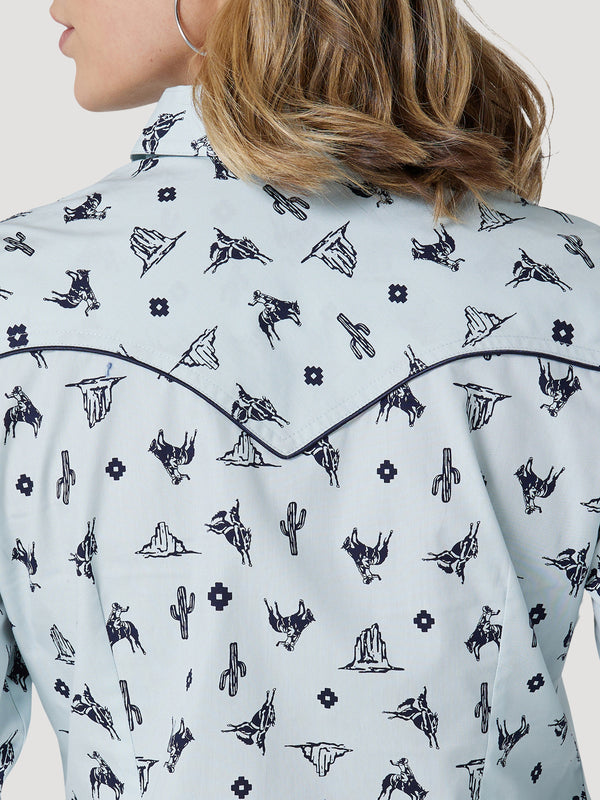 Wrangler Retro Cowgirl Cactus Western Snap Shirt - Blue Print