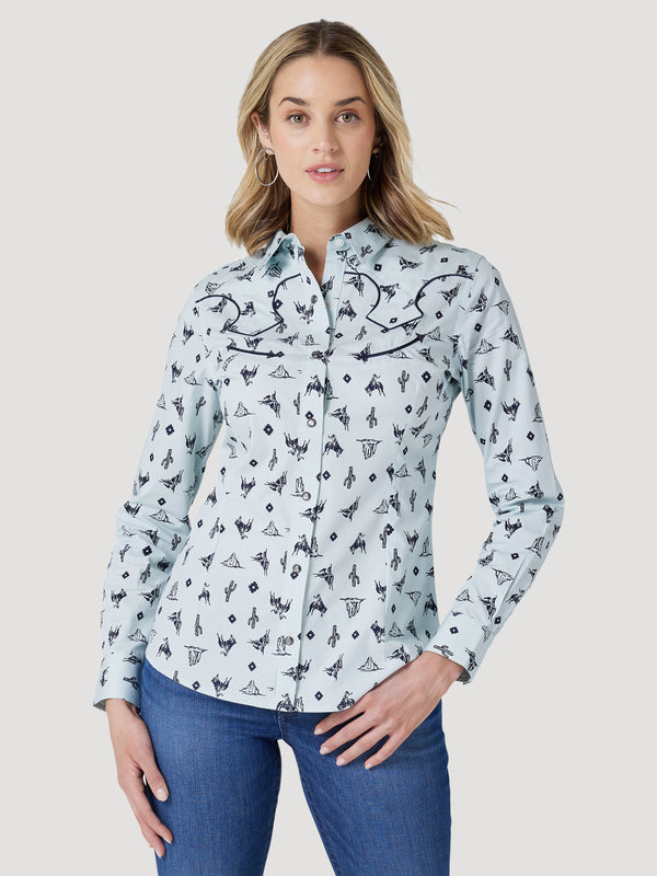 Wrangler Retro Cowgirl Cactus Western Snap Shirt - Blue Print
