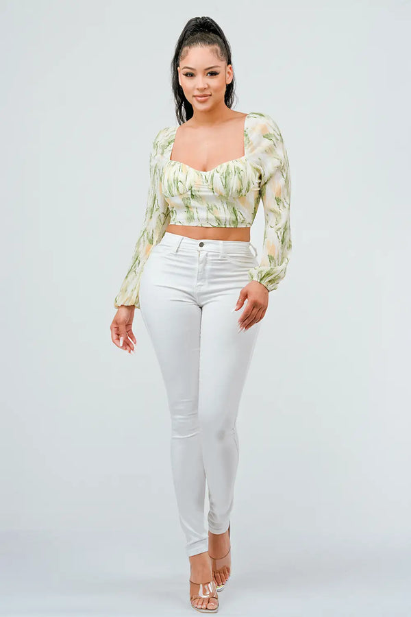 Pleated Chiffon Print Sweetheart Smocked Top