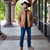 Man wearing a black cowboy hat, western jacket, bootcut jeans, and cowboy boots.