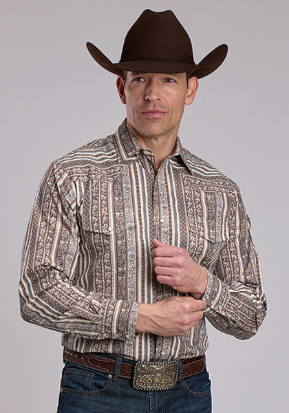 Roper Wallpaper Print Western Snap Shirt - Broken horn
