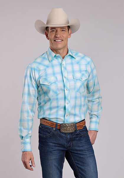 Roper Mens Cyan Plaid Snap Shirt