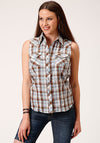 Roper Women Sleeveless Shirt Snap Woven Brown, Blue & White Plaid