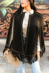 Black Suede Vintage Studded Western Fringe Cape