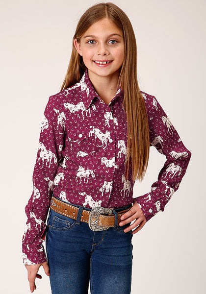 Roper Girls Horse Print Rayon Western Blouse - Red