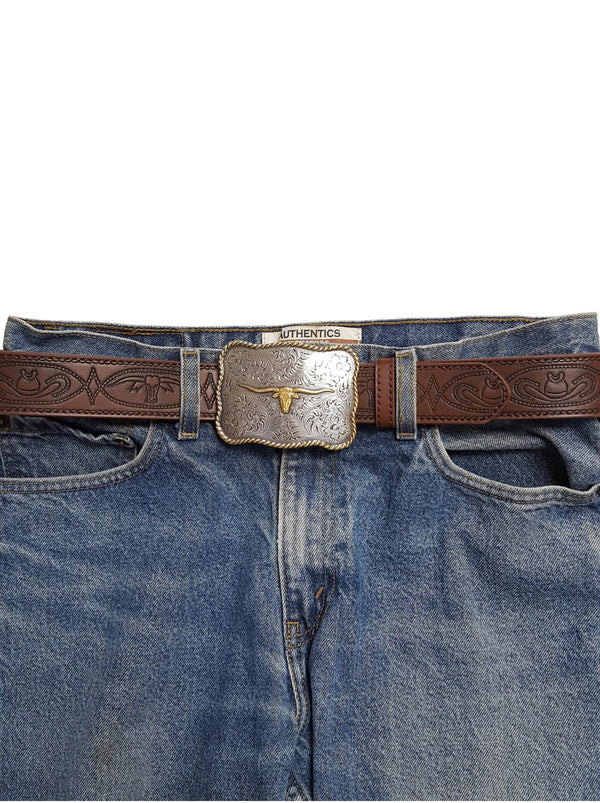 Western Long Horn Buckle w. matching tooled belt