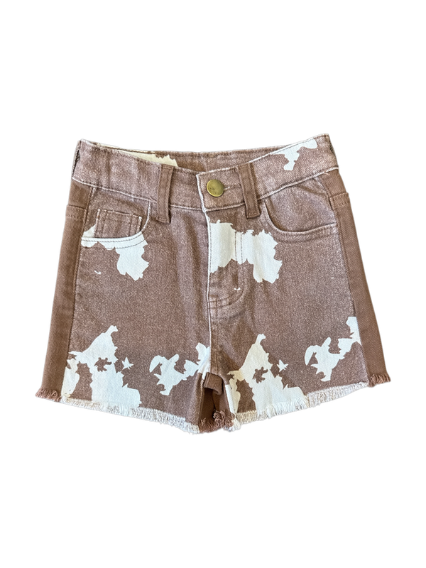 Brown Cowprint Denim Shorts Youth