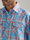 Wrangler Mens Logo Sleeve Western Plaid Shirt - Sunny Blue