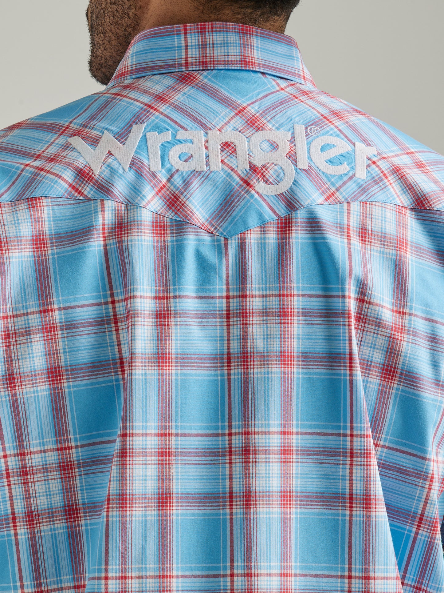 Wrangler Mens Logo Sleeve Western Plaid Shirt - Sunny Blue