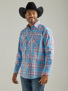 Wrangler Mens Logo Sleeve Western Plaid Shirt - Sunny Blue