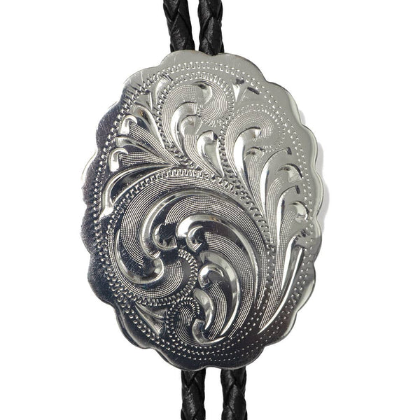 Western Express Engraved Silver Scalloped Oval German Silver Bolo Tie - Broken horn
