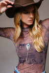 Cowgirl Print Mesh Mock Neck Top