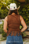 Brown Studded Fringe Hem Suede Sleeveless Top