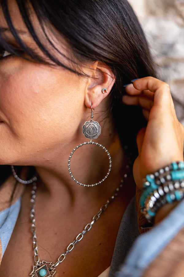 Silver Dangle Hoop on Fishhook with Concho Accent