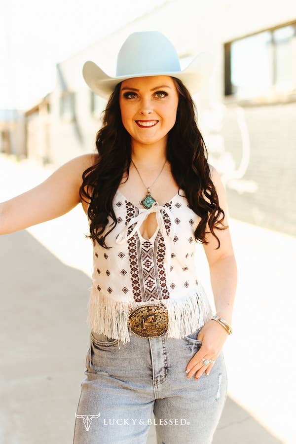 Ivory Aztec Front Tie Spaghetti Strap Fringe Top