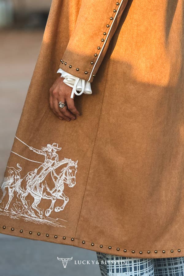 Lucky & Blessed Camel Stretch Suede Western Contrast Stitching Coat - Broken horn