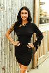 Black One Shoulder Long Sleeve Fringe Mid-Thigh Dress