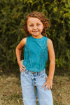 Girls Turquoise Suede Front Arch Fringe Top