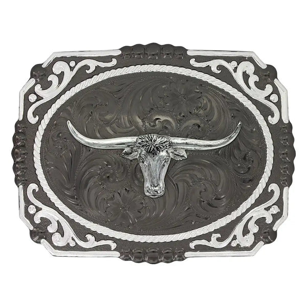 Montana Silversmiths Gunmetal Cameo Filigree with Longhorn Steer Buckle - Broken horn