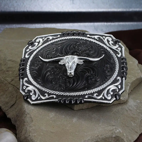 Montana Silversmiths Gunmetal Cameo Filigree with Longhorn Steer Buckle - Broken horn