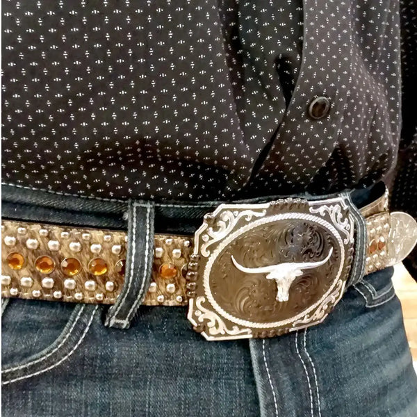 Montana Silversmiths Gunmetal Cameo Filigree with Longhorn Steer Buckle - Broken horn