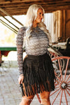 Black Stretch Suede Asymmetrical Fringe Skirt