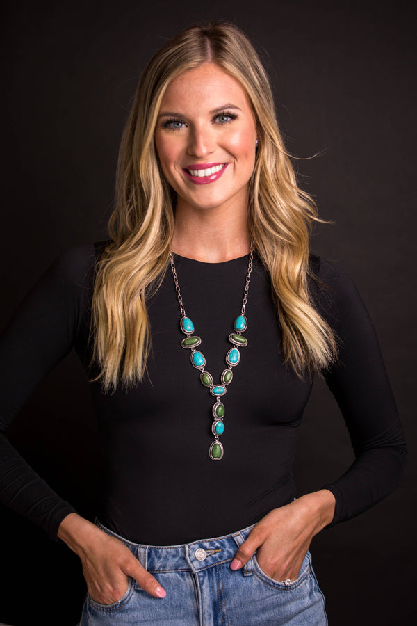 Turquoise and Green Lariat Style Necklace