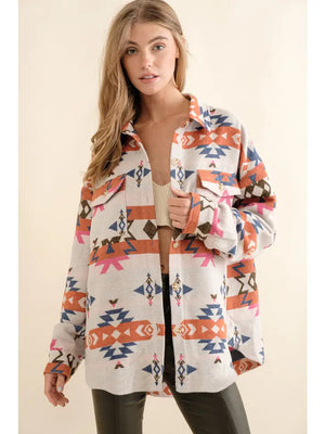 Jacquard Aztec Western Shirt Jacket - Orange