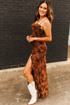 Brown Camo Strap  Ruffle Tier Slit Dress