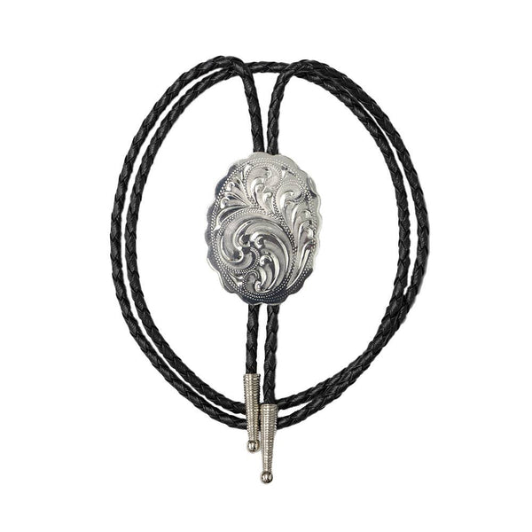 Western Express Engraved Silver Scalloped Oval German Silver Bolo Tie - Broken horn