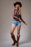 Cowgirl Print Mesh Mock Neck Top