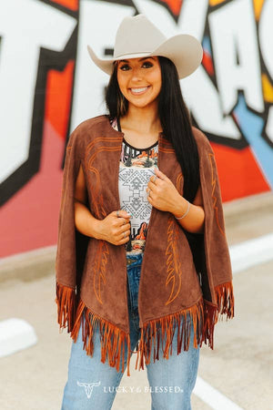 Brown Suede Boot Stitch Embroidered Fringe