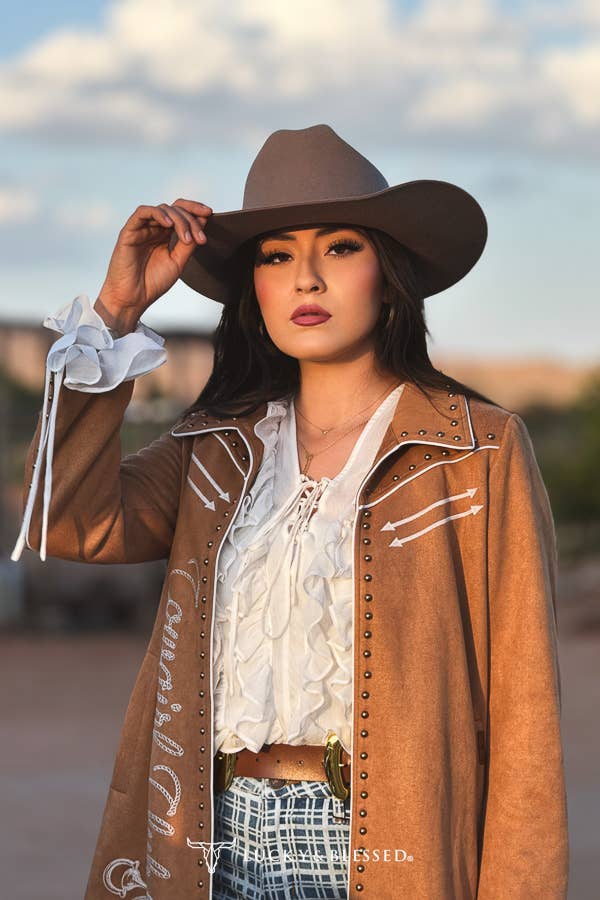 Lucky & Blessed Camel Stretch Suede Western Contrast Stitching Coat - Broken horn