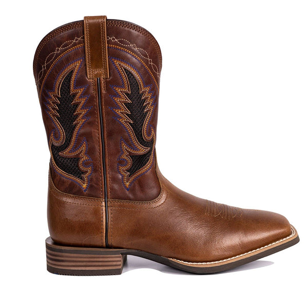 Palitutu Men's Dark Brown Full Grain Leather Square Toe Cowboy Boots - Broken horn