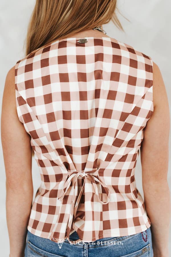 Beige Square Checkered Western Pearl Snap Button Down Vest