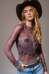Cowgirl Print Mesh Mock Neck Top