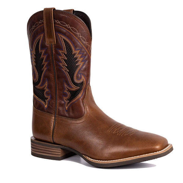 Palitutu Men's Dark Brown Full Grain Leather Square Toe Cowboy Boots - Broken horn