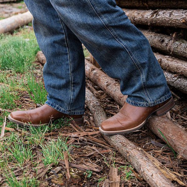 Palitutu Men's Dark Brown Full Grain Leather Square Toe Cowboy Boots - Broken horn