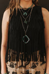 Black Stretch Suede Fringe Tier Sleeveless Top - Broken horn