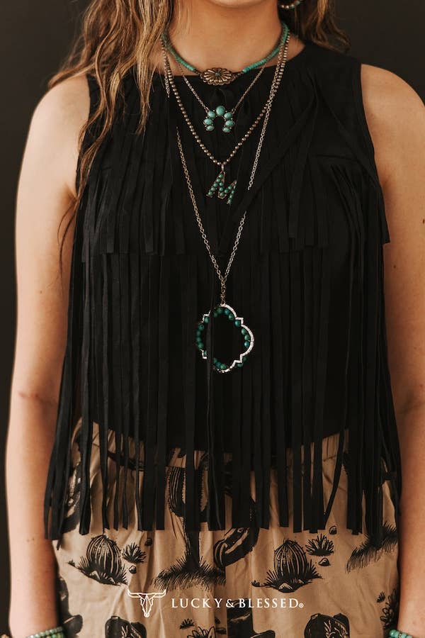 Black Stretch Suede Fringe Tier Sleeveless Top - Broken horn